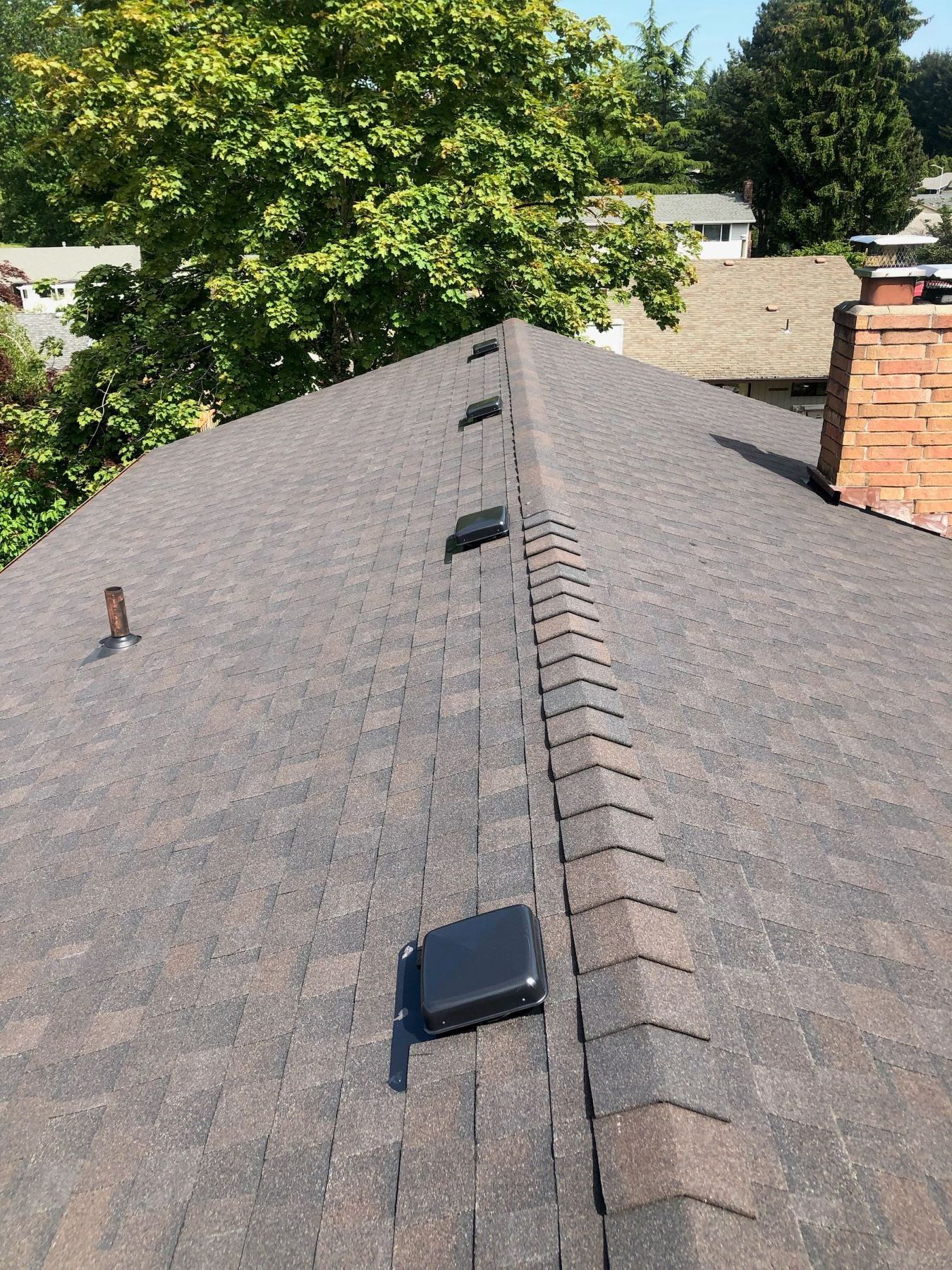 Steep gray shingled roof with a central ridge vent, seen from above with trees and houses in the background