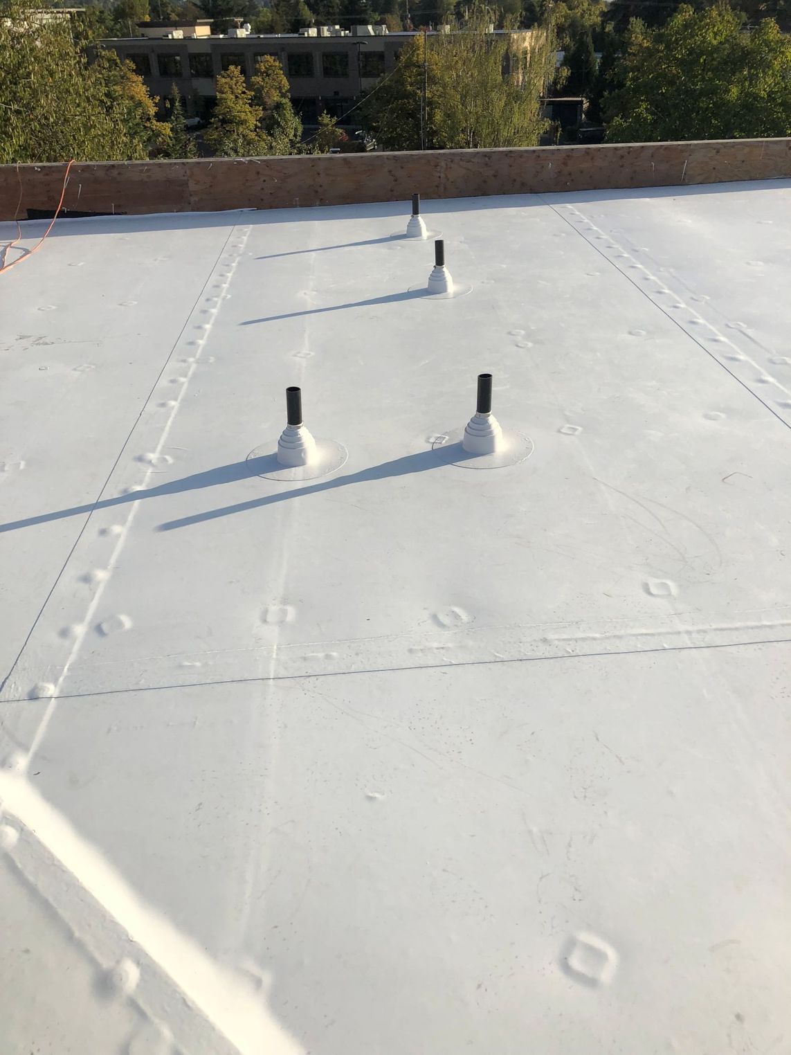 White flat rooftop with three black vent pipes and distant trees beyond the parapet.