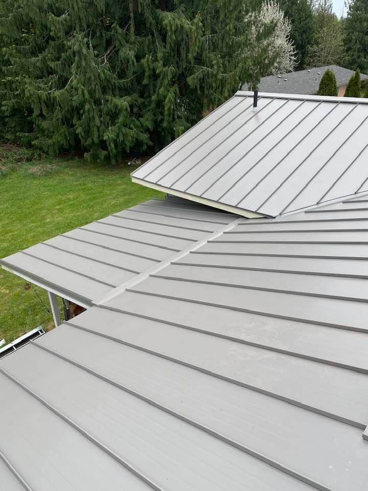 Gray metal roof with standing seams and a smaller roof section, beside trees and a lawn