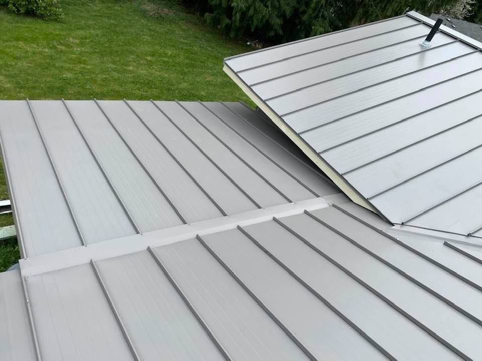 Metal roof panels with standing seams and overlapping sections against green lawn