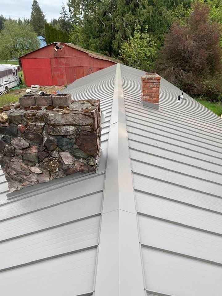 Metal roof with a central seam and chimney, viewed from above, with a red shed and trees in the background