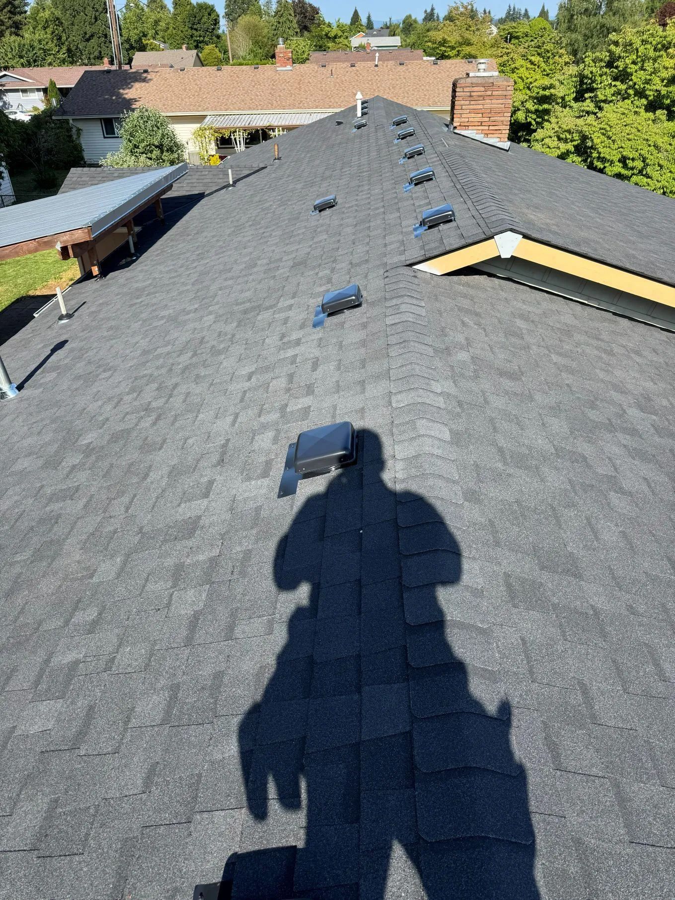 Rooftop view of gray shingles with several vents and a shadow of the photographer, trees and houses beyond.
