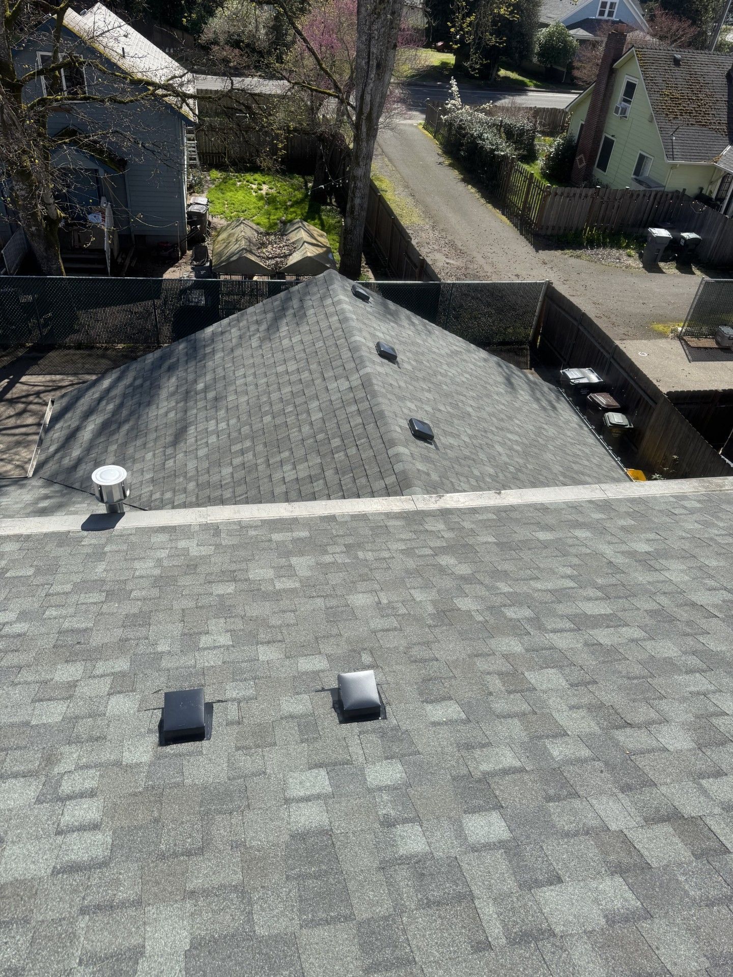 View from a rooftop over gray shingles toward neighboring houses and a tree-lined residential street.