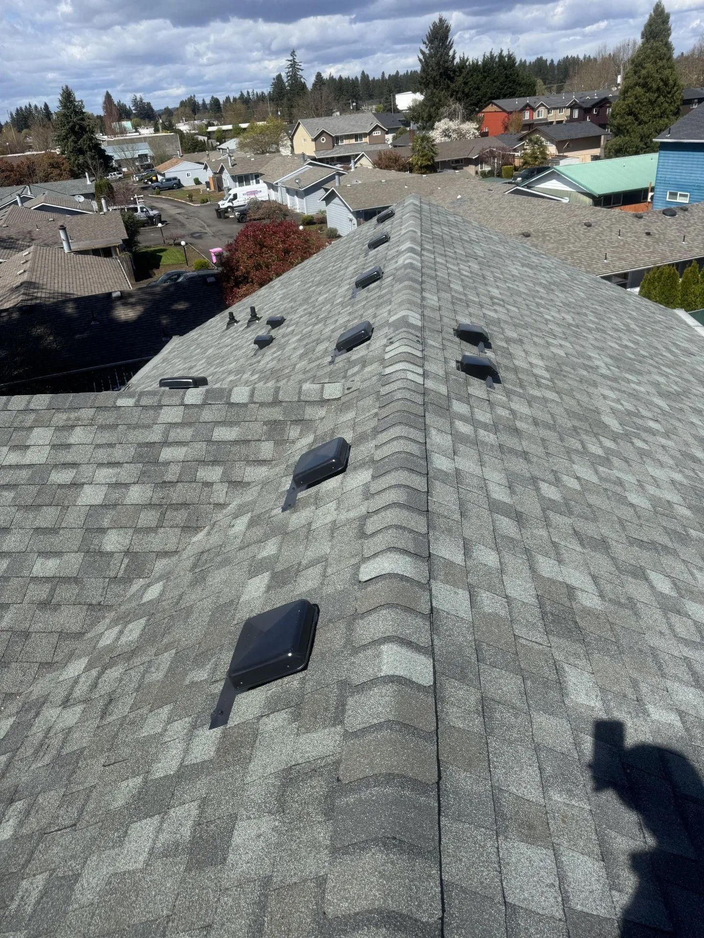 Rooftop with gray shingles and vent pipes, overlooking a suburban neighborhood under a partly cloudy sky