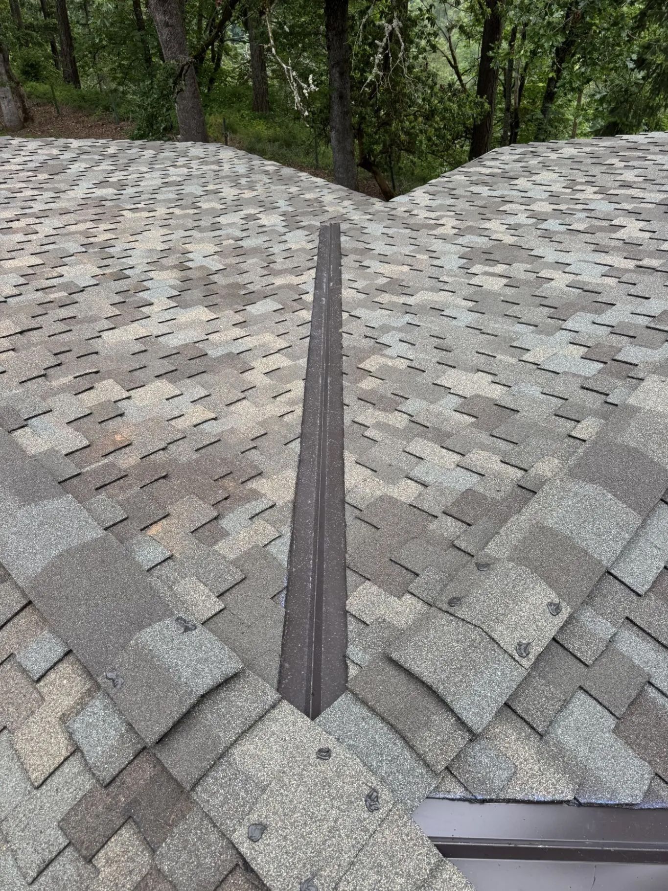 Roof shingles split by a dark metal valley flashing, with trees visible in the background.