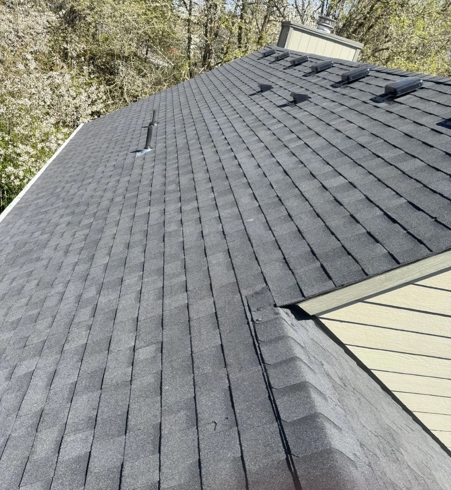 Dark gray shingled roof with a small roof vent and a light-colored gable against trees