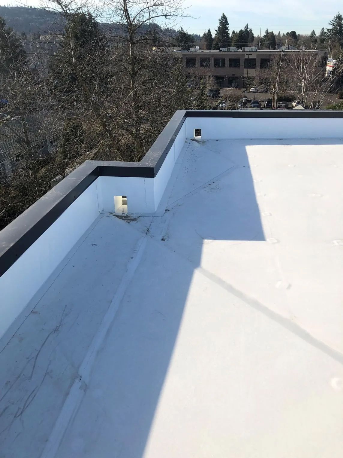 White flat rooftop with a raised edge, overlooking trees and a building in the distance