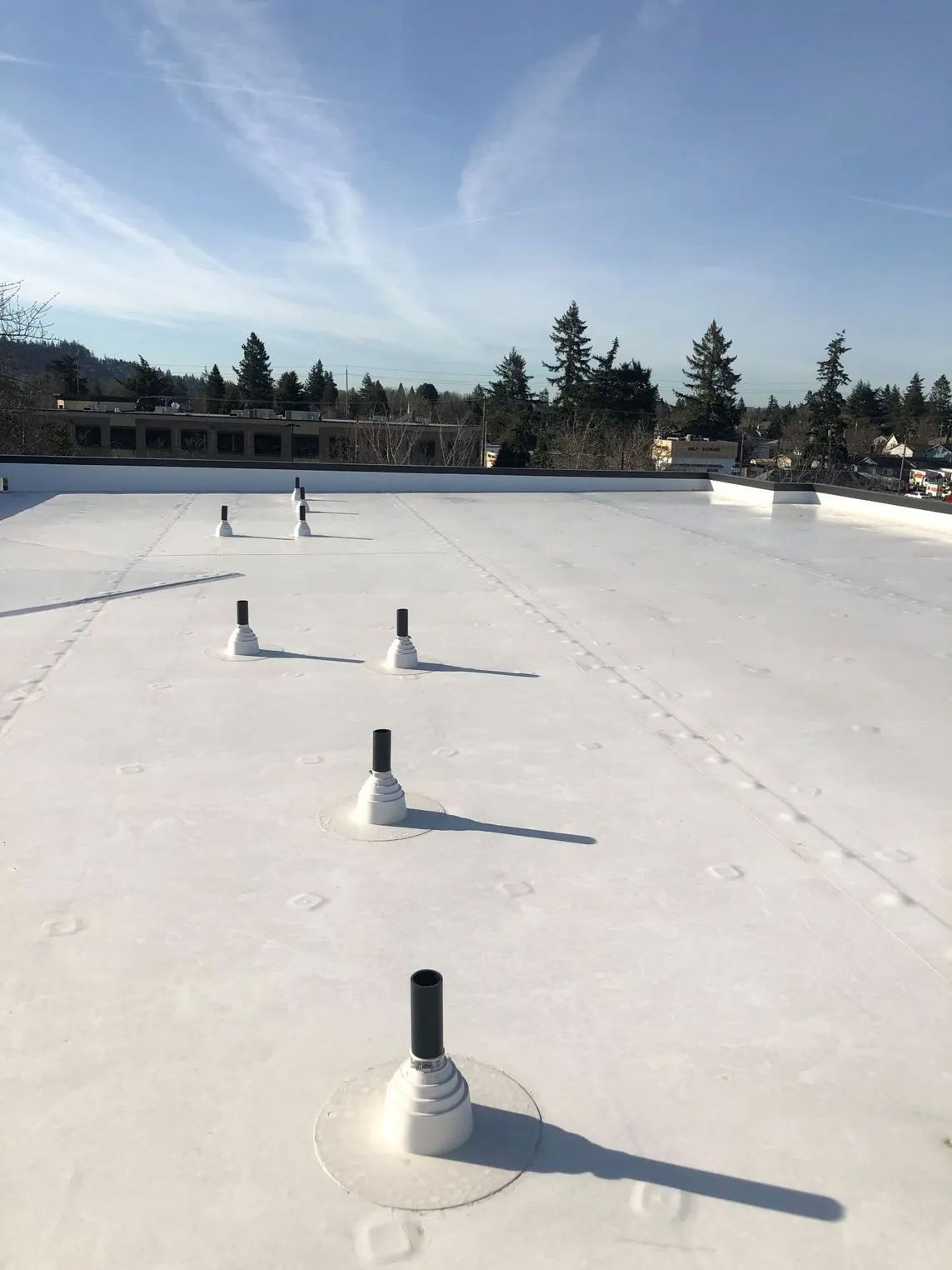Flat white rooftop with several black vent pipes under a clear blue sky