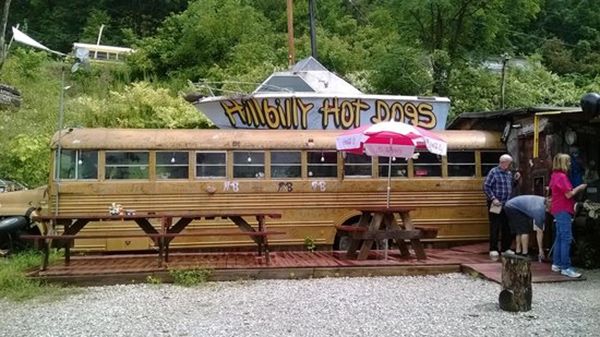 A group of people standing in front of a bus that says penguin hot dogs