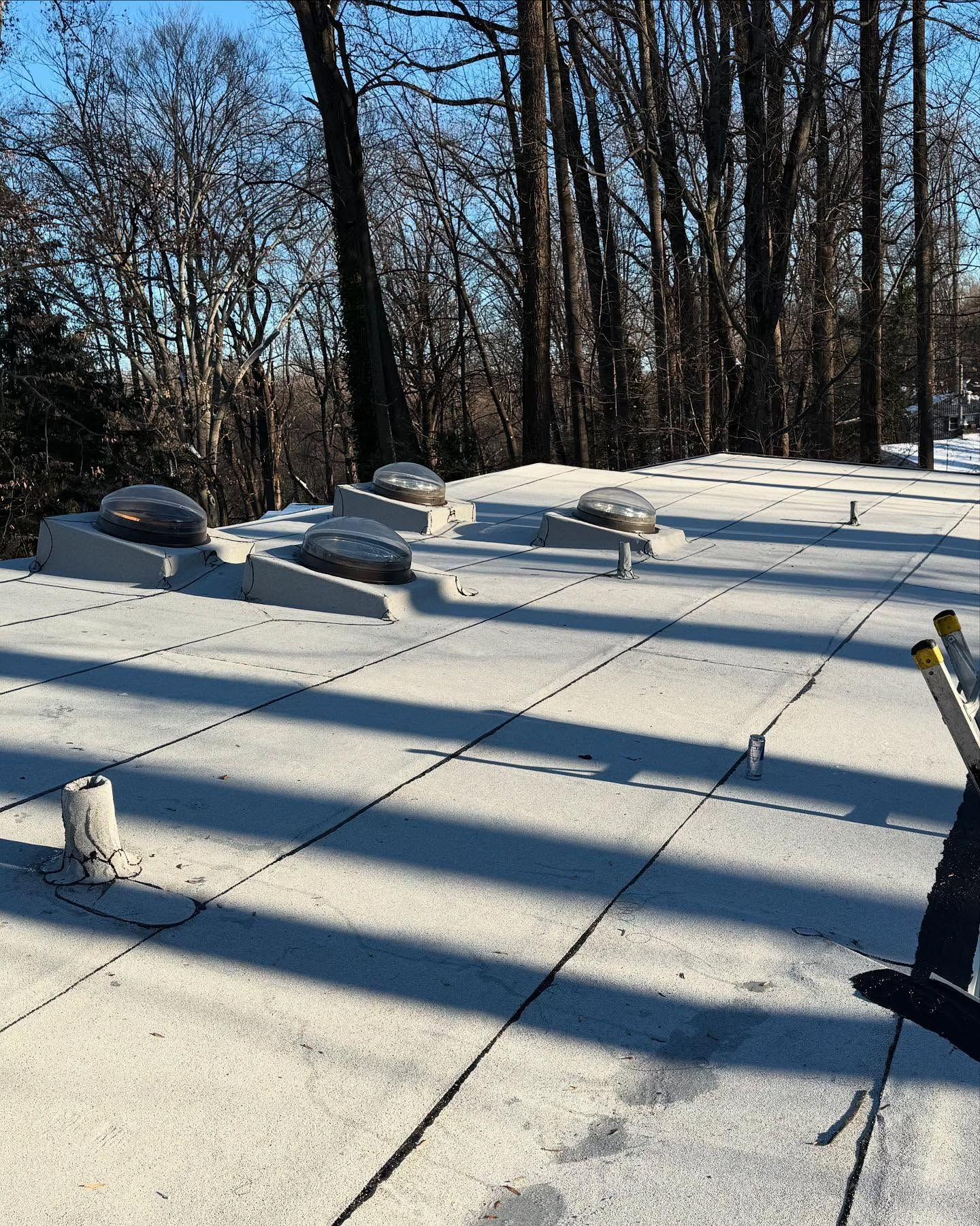 Snow-covered flat roof with vents and trees in the background on a sunny day.