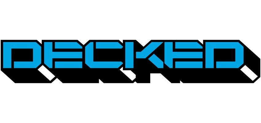 Blue and black stylized “DECKED” logo on a white background