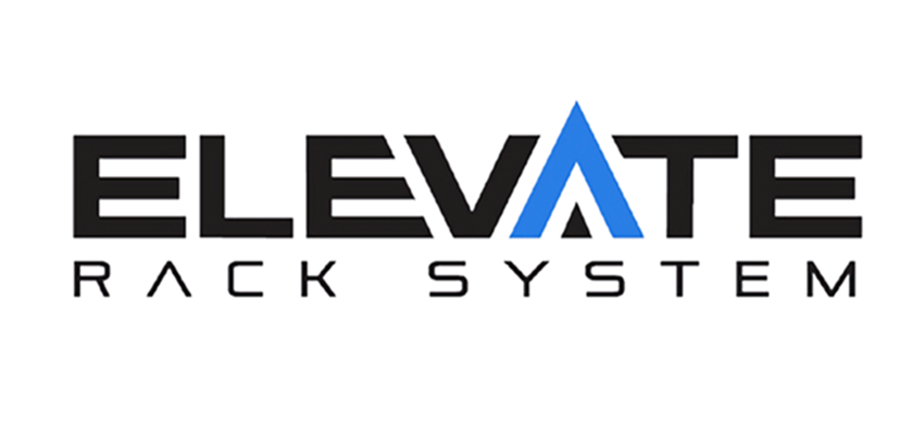 Elevate Rack System logo with black text and blue stylized A on white background