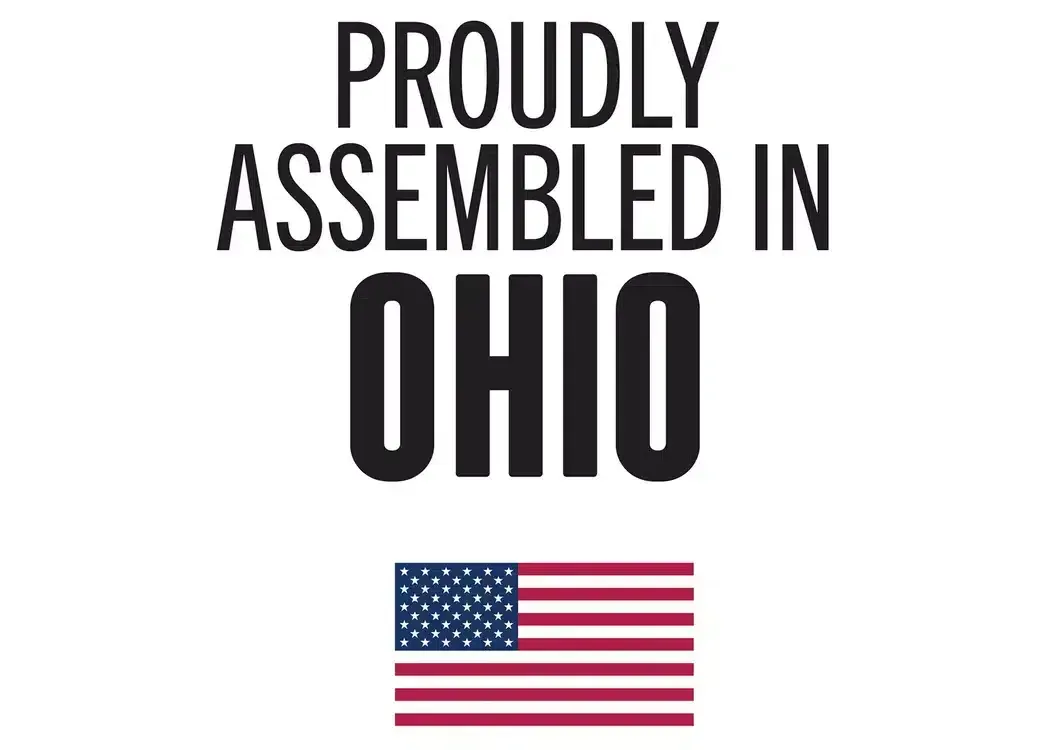 Text reading “Proudly Assembled in Ohio” above a small U.S. flag.