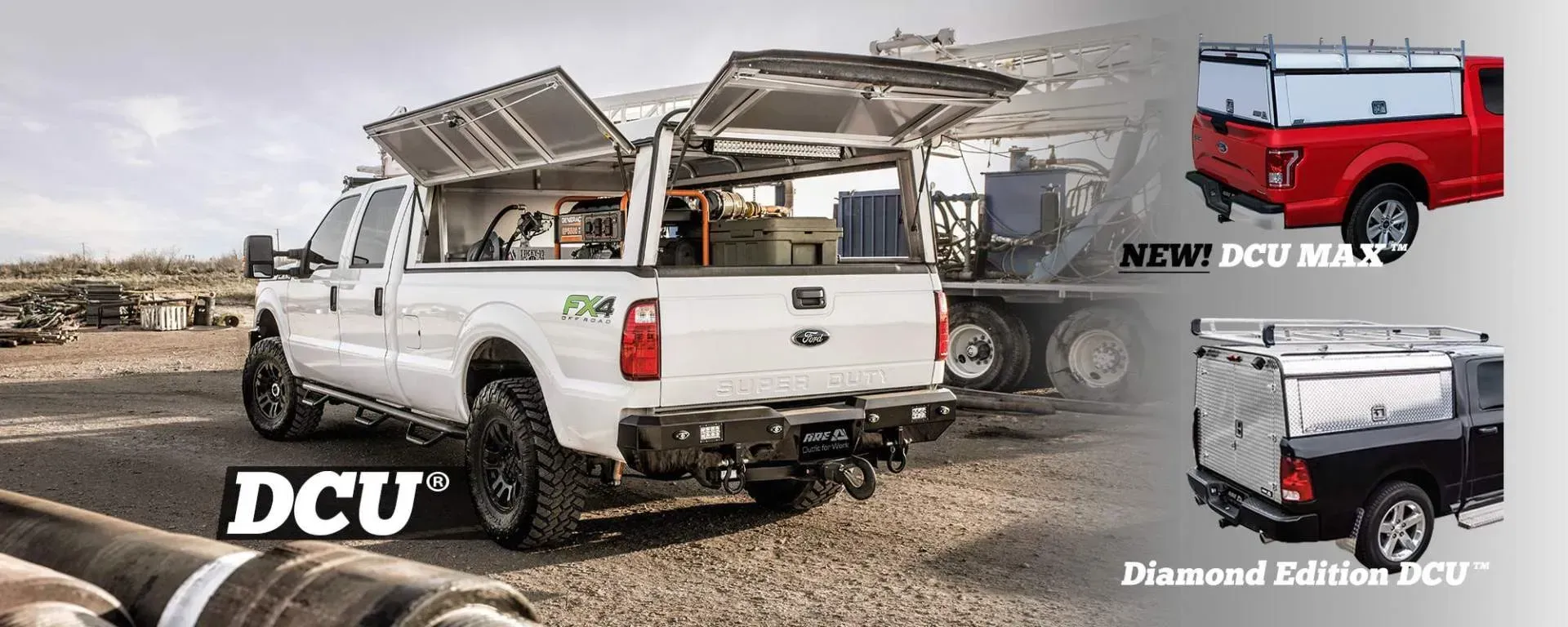 White pickup truck in dusty desert with roof rack; promotional graphic shows red and white utility vehicles
