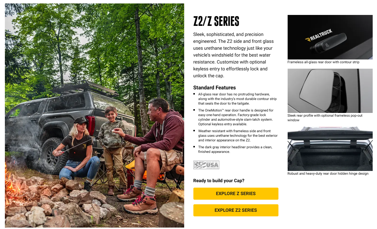 People camping beside a black SUV, with product details and feature images on the right.