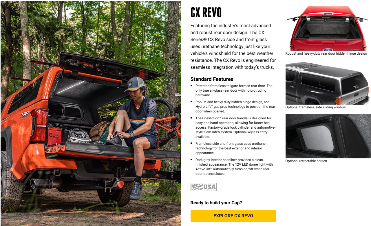Off-road orange SUV with rear hatch open, man seated in cargo area beside feature list and vehicle photos