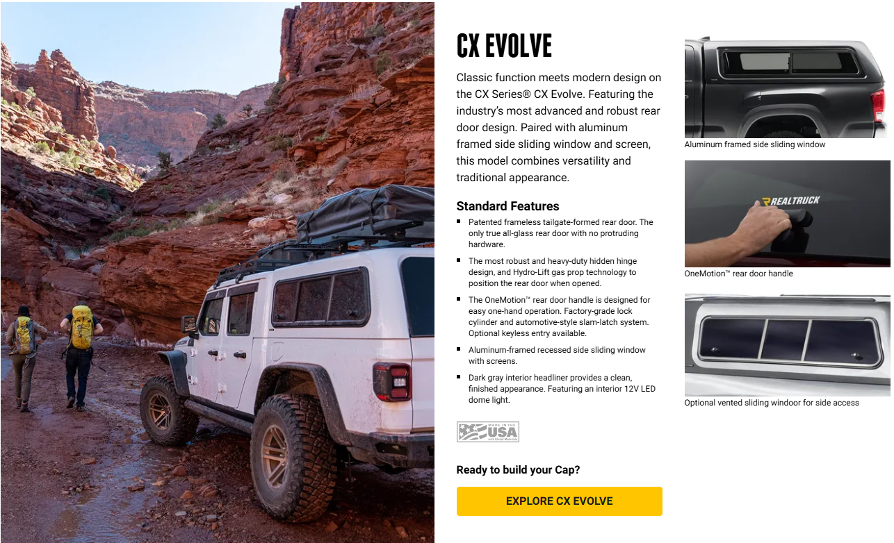 Jeep in red-rock canyon with hikers beside it and a car-top cargo tent ad panel on the right