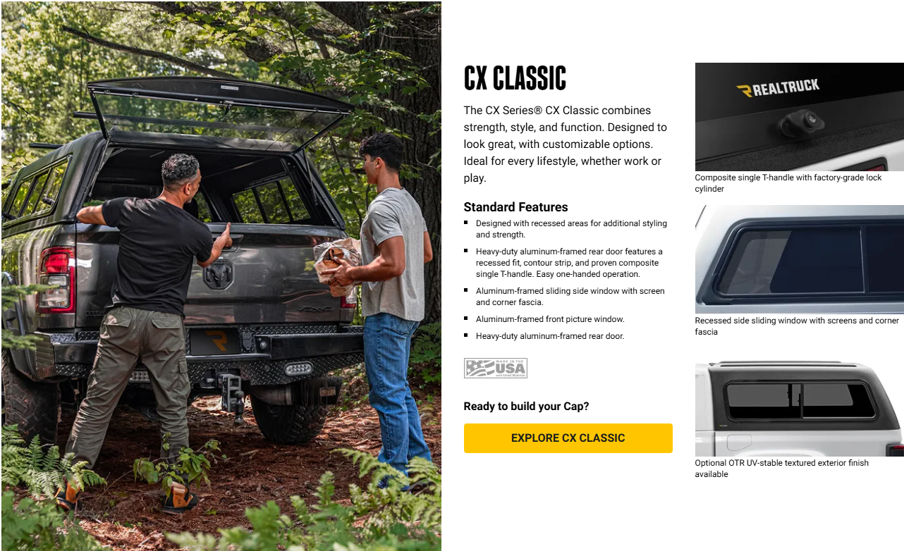Two men loading gear into a black SUV in a muddy forest; product panel shows canopy cover options.
