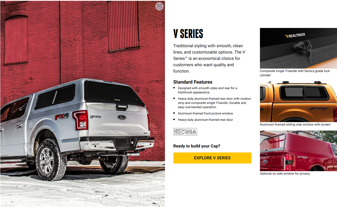 Silver SUV parked in snow beside a red building, with V-Series product options and a yellow call-to-action button to the right