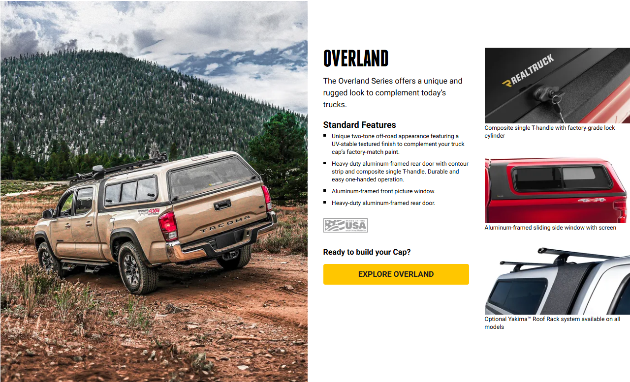 Tan pickup truck with rooftop tent driving on a snowy mountain road beside an overland gear ad layout