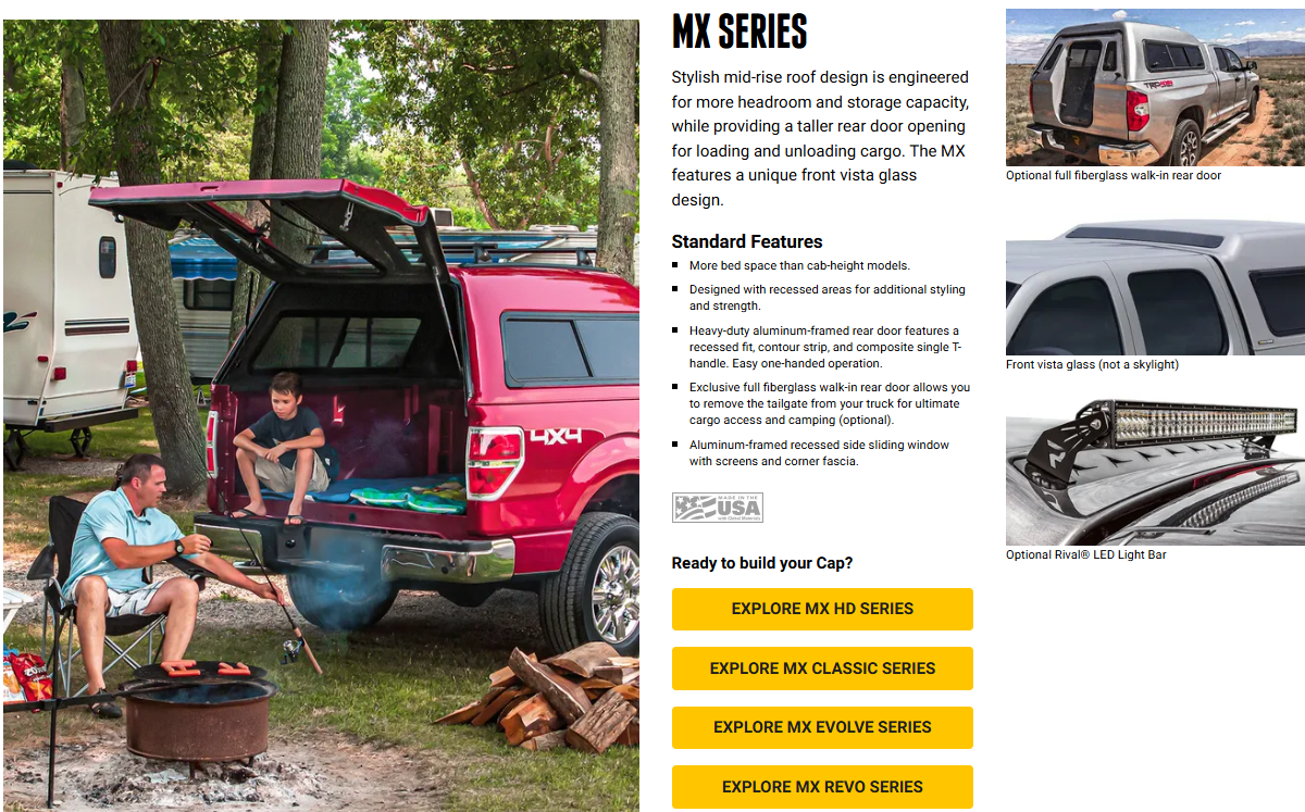 Pink off-road van with rear hatch open beside campsite gear and a seated person outdoors