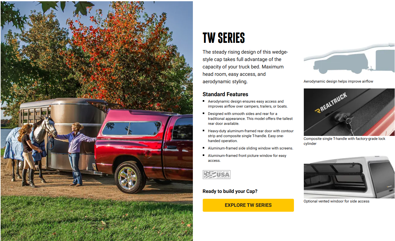 Pickup truck towing a trailer beside a product ad page with inset truck bed images