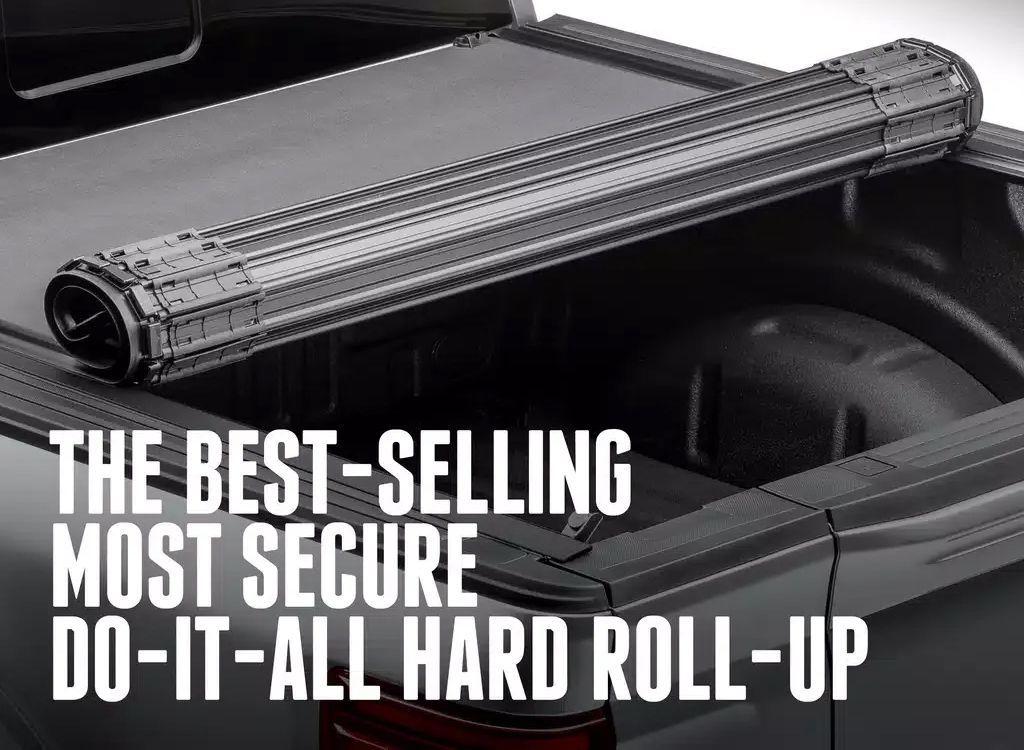 Black hard roll-up truck bed cover with bold text: The best-selling most secure do-it-all hard roll-up
