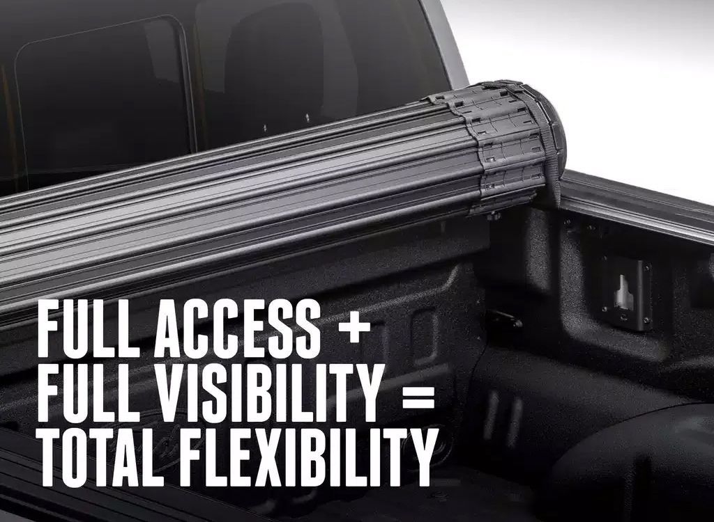 Black-and-white ad with bold text: Full access + full visibility = total flexibility.