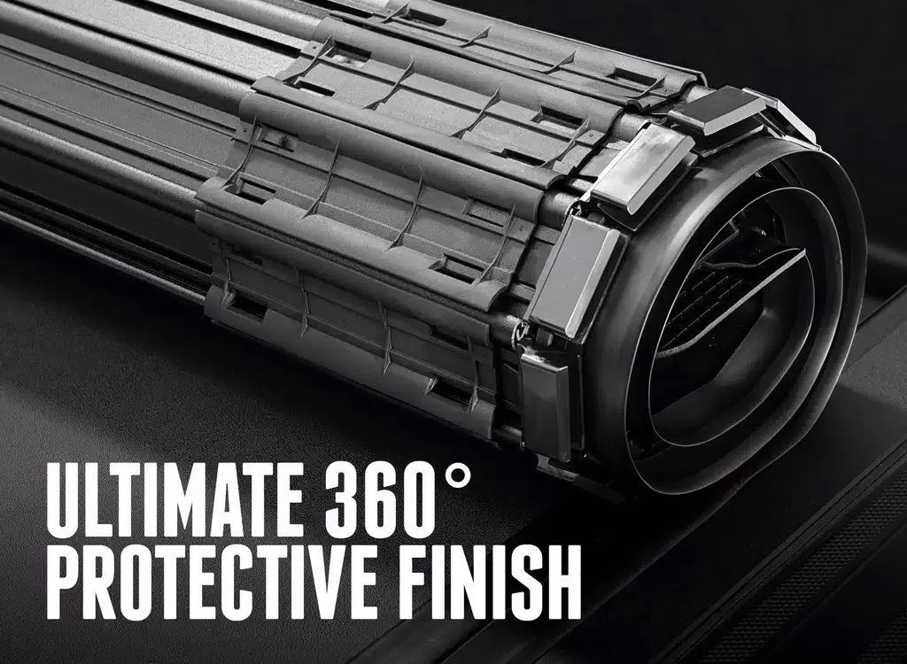 Black cylindrical protective sleeve with text Ultimate 360° Protective Finish