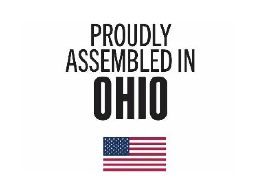 Text reading Proudly Assembled in Ohio above a small U.S. flag