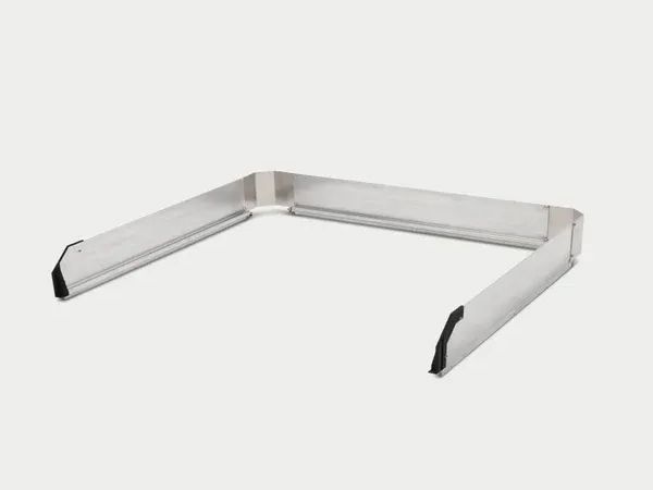 Stainless steel pull-up bar with angled sides and black grips on a white background