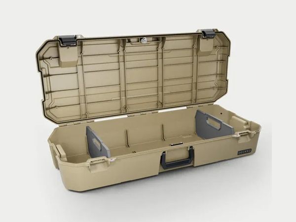 Beige hard-shell storage case open with lid up, showing molded interior compartments and black handle