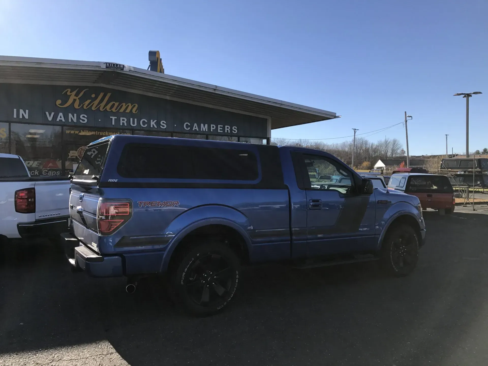 Blue pickup truck parked outside a van and truck dealership on a sunny day