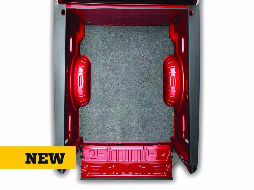 Red computer case with red LED fans and yellow NEW label at bottom left