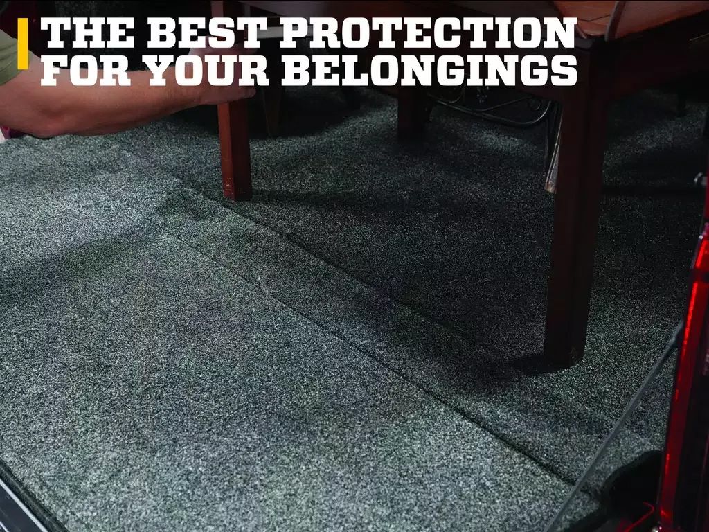 Dark gray carpet beneath chairs with text: THE BEST PROTECTION FOR YOUR BELONGINGS