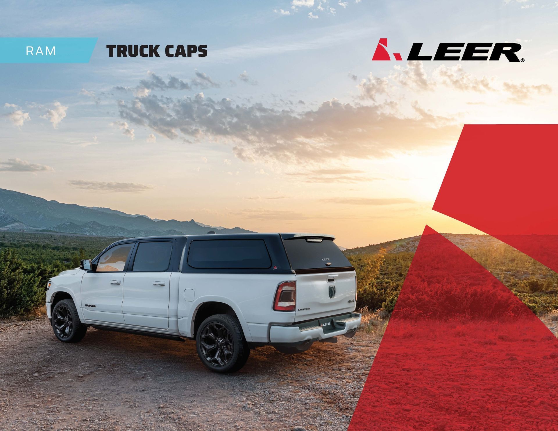 White RAM truck with LEER cap on a gravel road at sunset, with mountains and branding overlay.