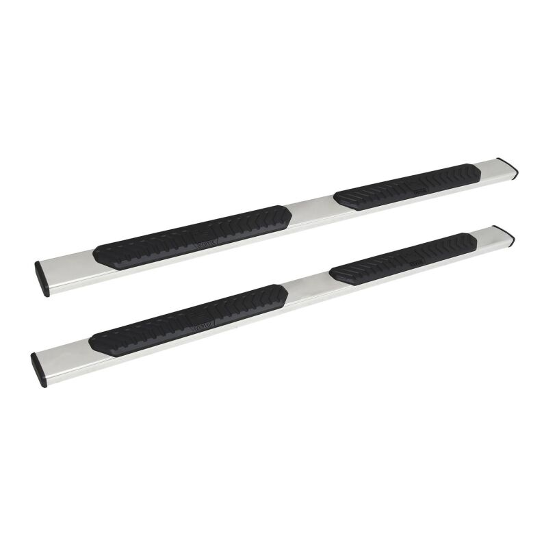 Pair of silver and black running boards/side steps on a white background