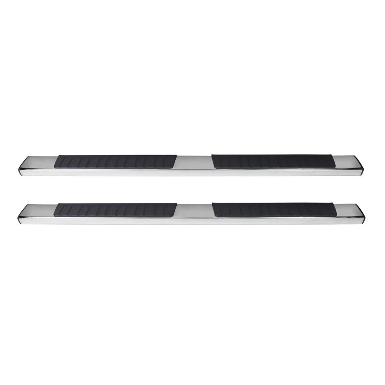 Two silver and black car side steps or running boards on a white background