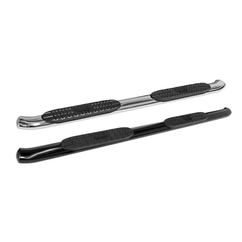 Two black shoehorns with textured grips and metal ends on a white background
