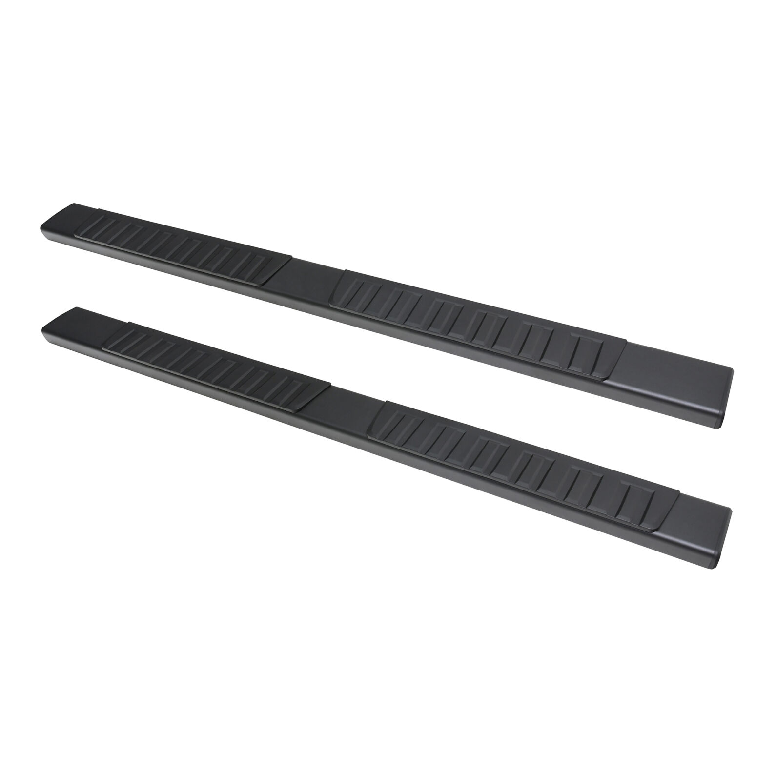 Two black rubber car door sill guards on a white background