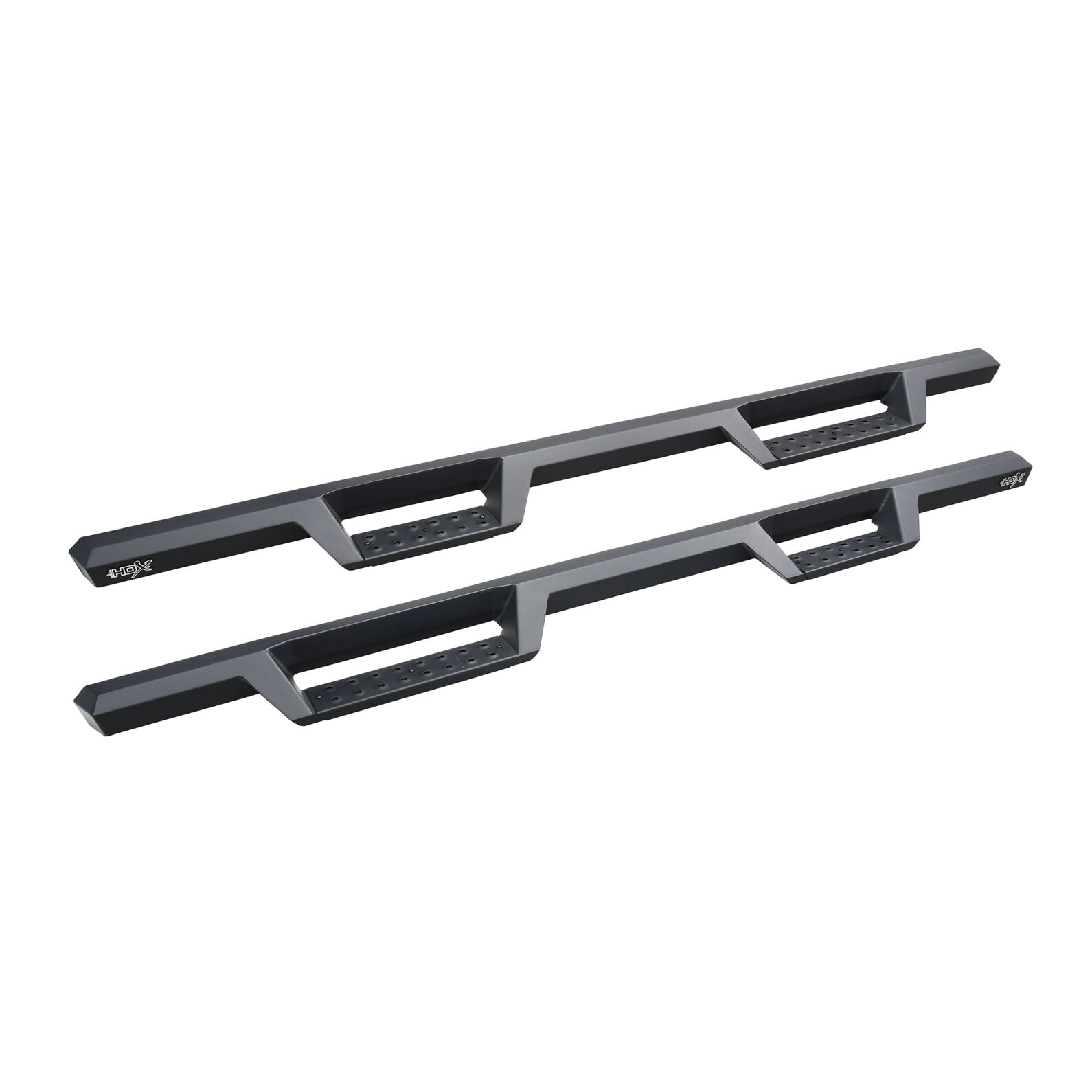 Pair of black car running boards with step cutouts on a white background