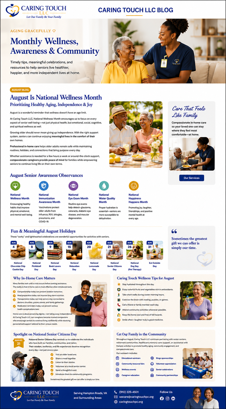 Healthcare website homepage with smiling clinician, senior patient, service icons, and appointment information