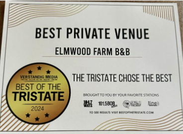 Best of the Tristate 2024 Best Private Venue awarded to Elmwood Farm Bed & Breakfast 