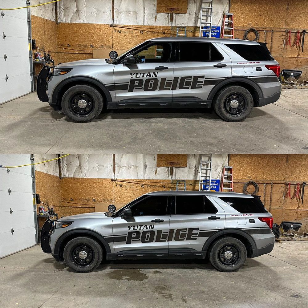 Two pictures of a police vehicle in a garage