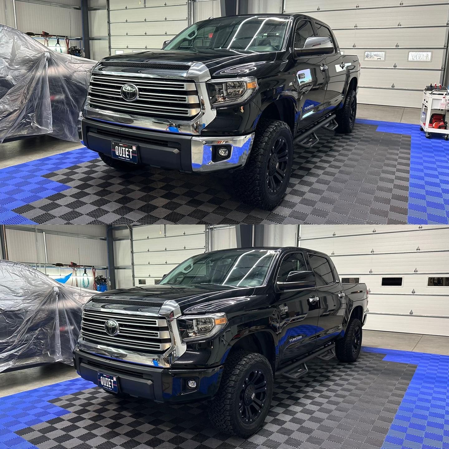 A black toyota tundra is sitting on a checkered floor in a garage.