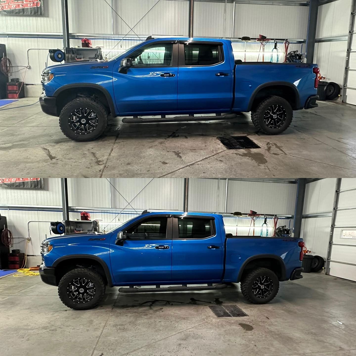 A blue truck is parked in a garage before and after being lifted.