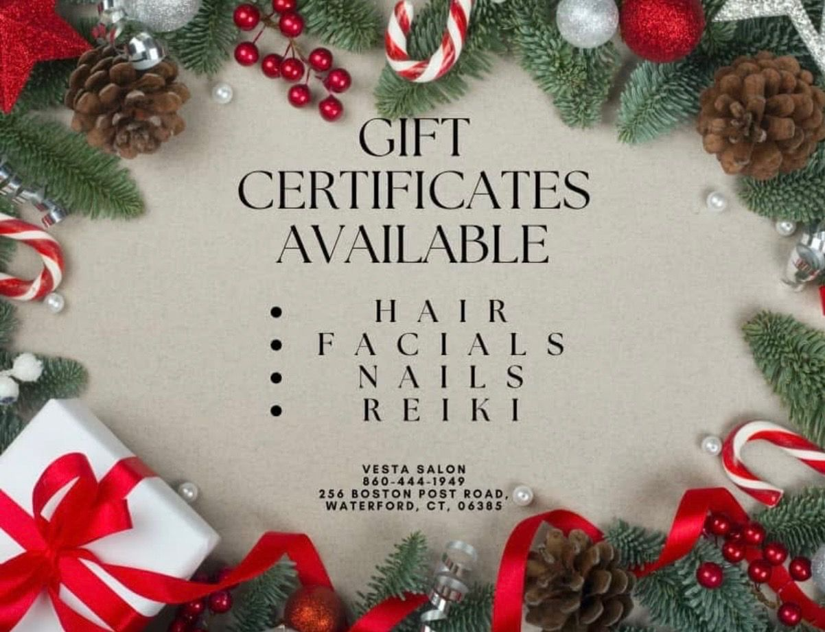 Gift certificate advertisement featuring holiday decorations and services: hair, facials, nails, and Reiki.