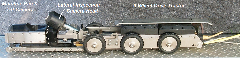 A robotic device with a 6-wheel drive tractor, tilt camera, and inspection camera head.