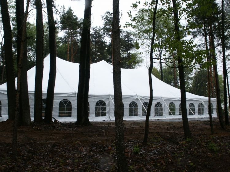 A large white tent in the middle of a forest