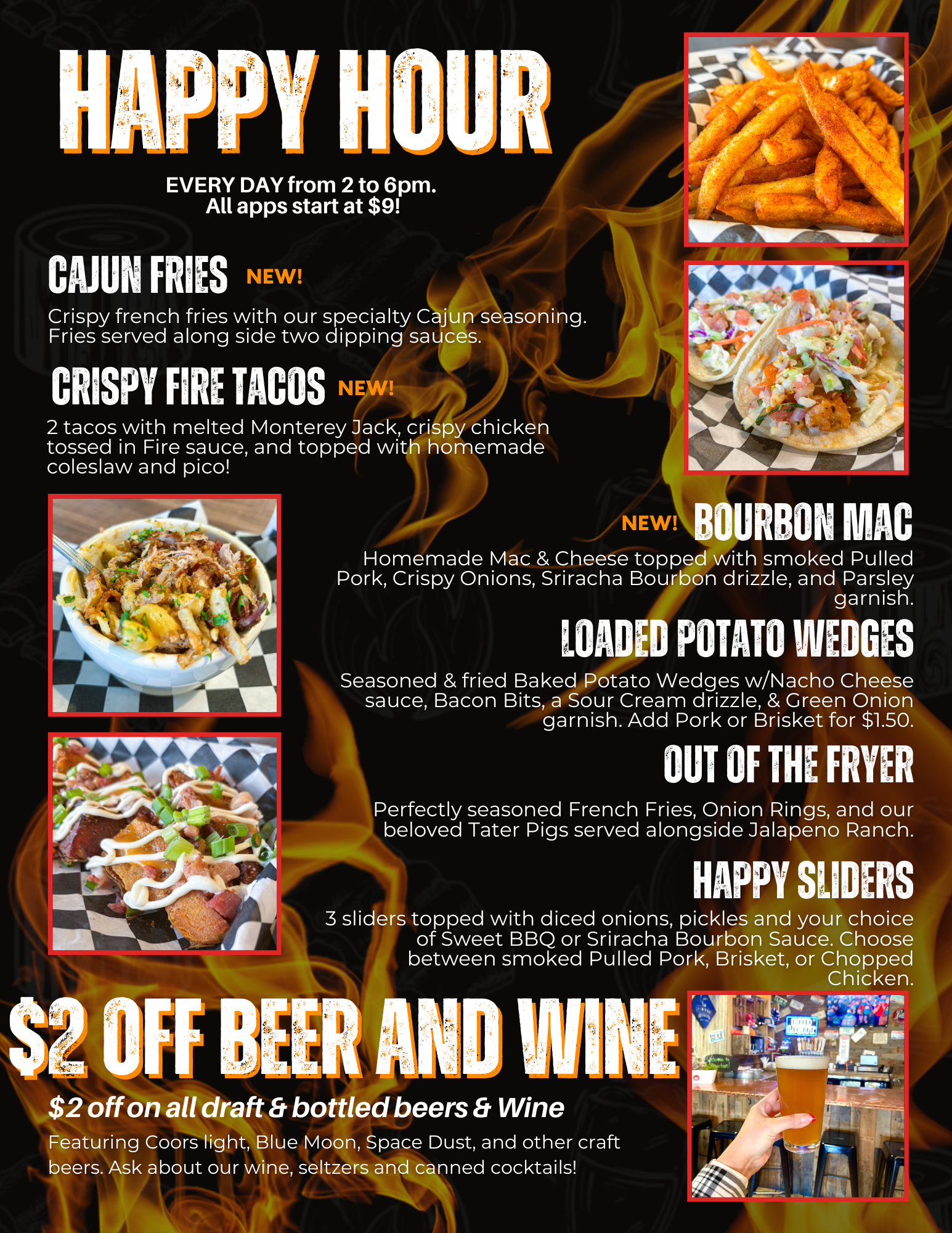 A menu for a restaurant that says happy hour $ 2 off beer and wine